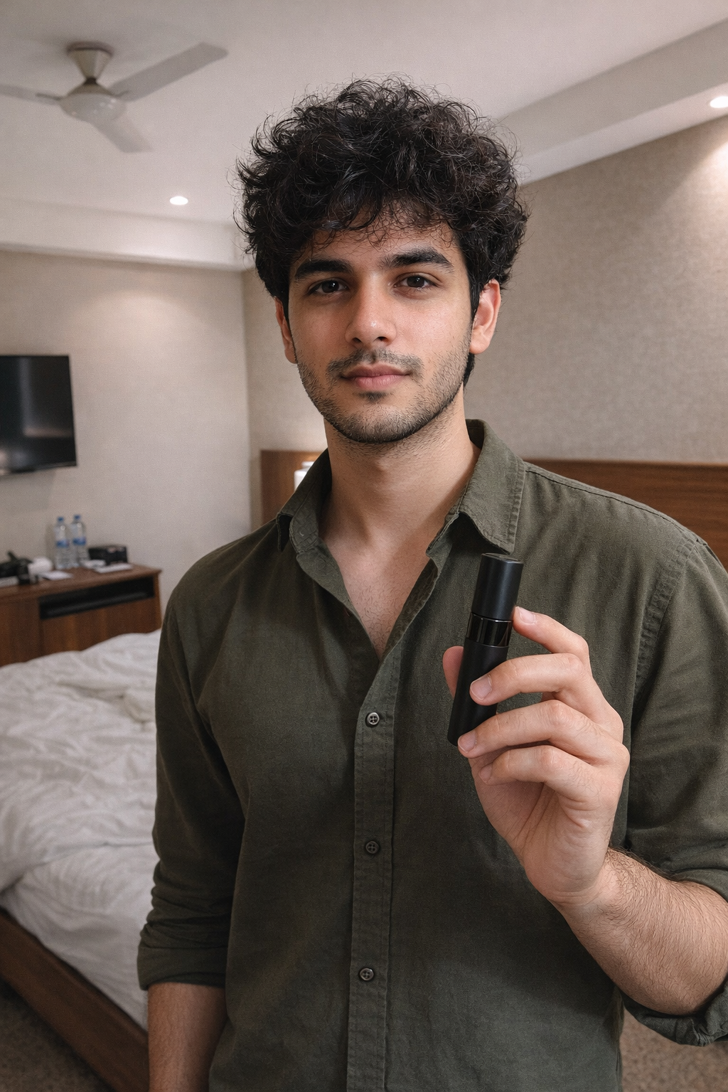 User Holding Midnight Pocket Perfume For Men in his hand. Frontal Picture. House of Kohlis