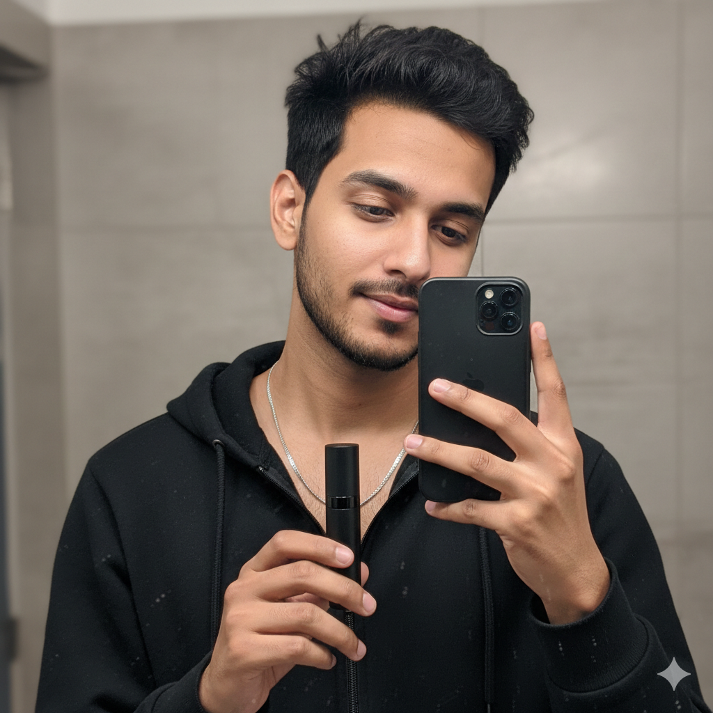 User holding Midnight a Pocket Perfume For Men in his hand. Frontal Image showing the product. House of Kohlis